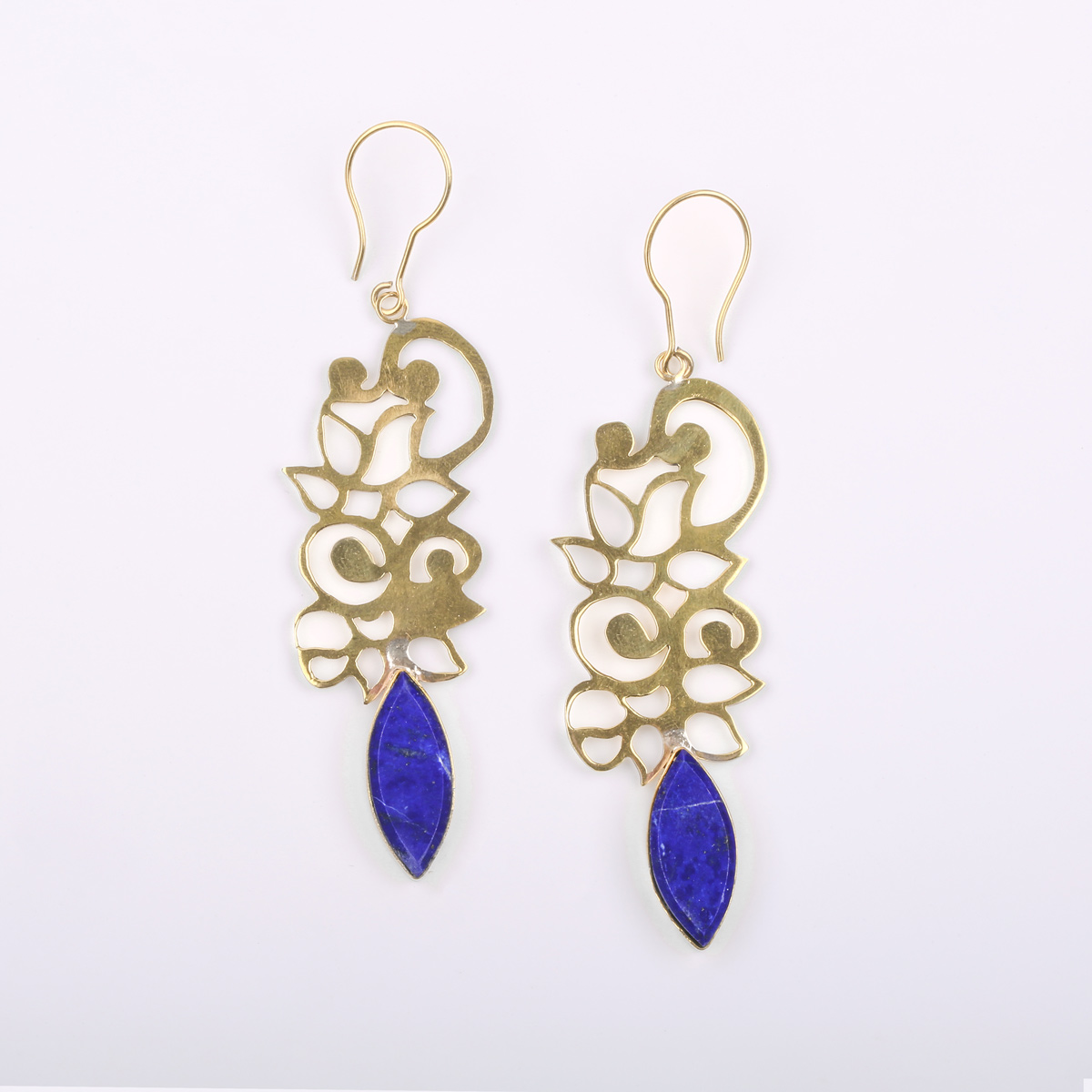Brass Lapis Lazuli Earrings | Floral Pattern Hook Earrings
