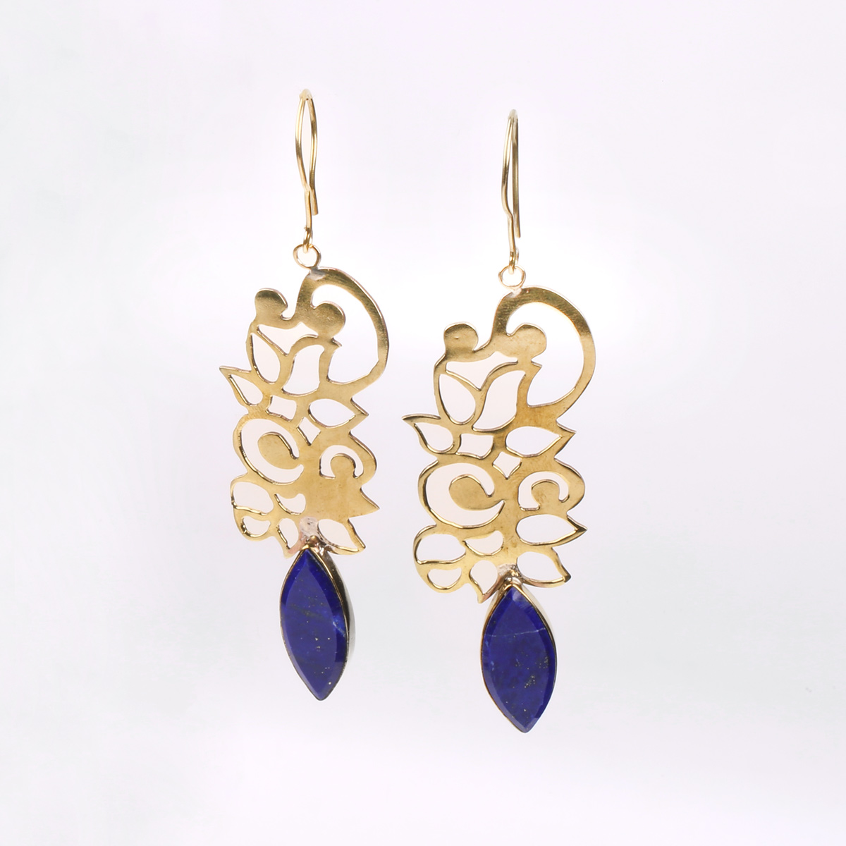 Brass Lapis Lazuli Earrings | Floral Pattern Hook Earrings