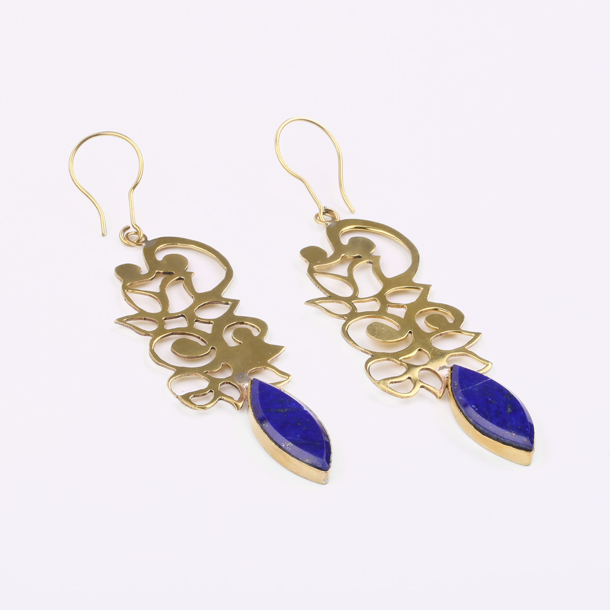 Brass Lapis Lazuli Earrings | Floral Pattern Hook Earrings