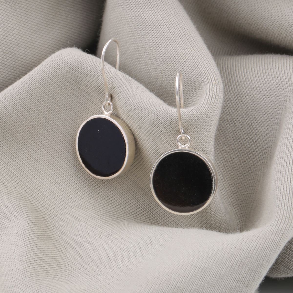 Black Agate Round Earrings | Silver Drop Earrings