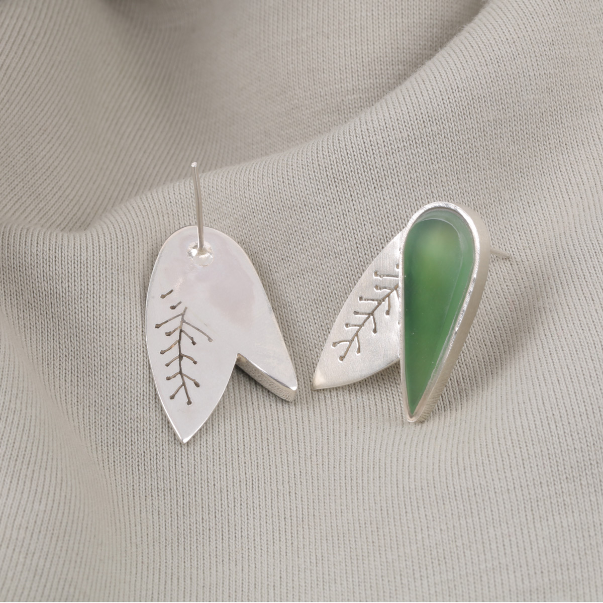 Green Agate Studs | Silver Leaf Style Stud Earrings 