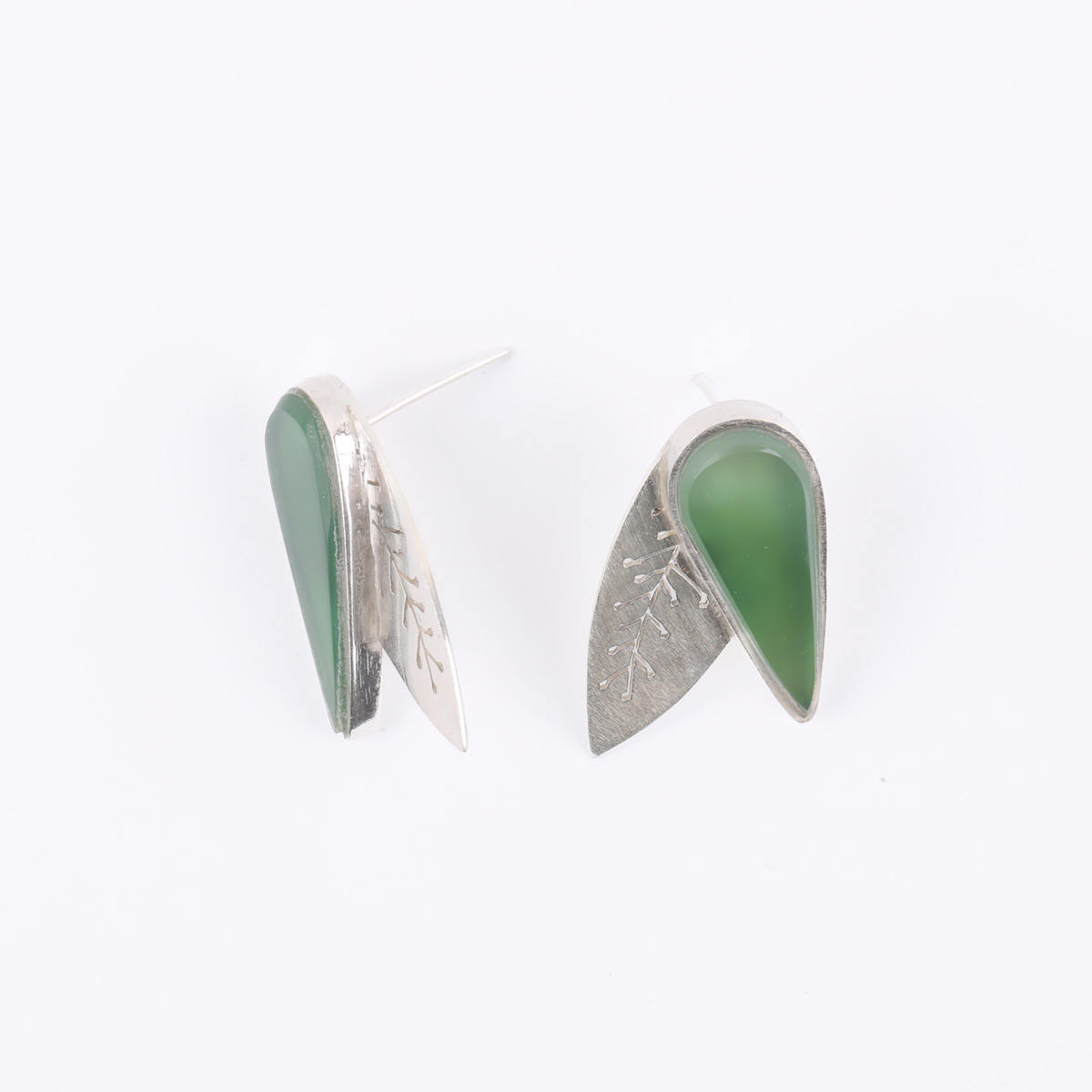 Green Agate Studs | Silver Leaf Style Stud Earrings 