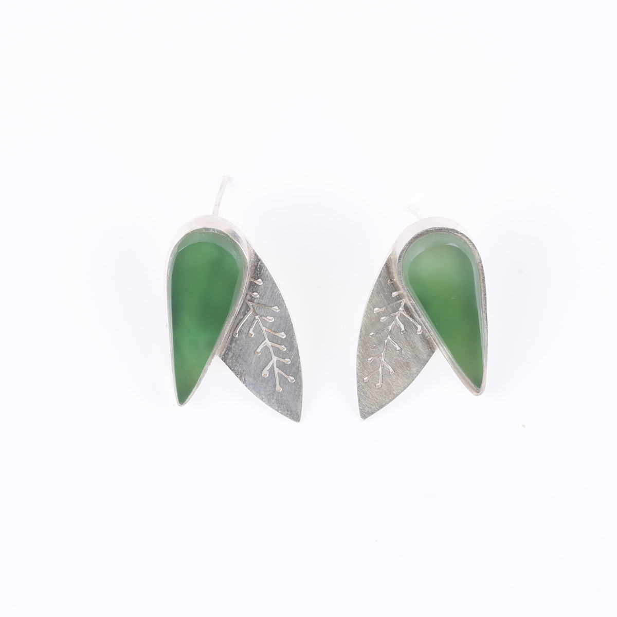 Green Agate Studs | Silver Leaf Style Stud Earrings 