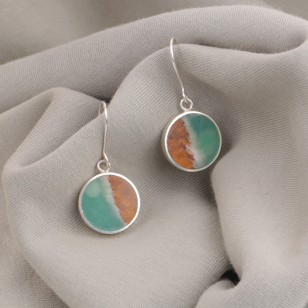 Green Onyx Round Earrings | Silver Dangle Earrings 