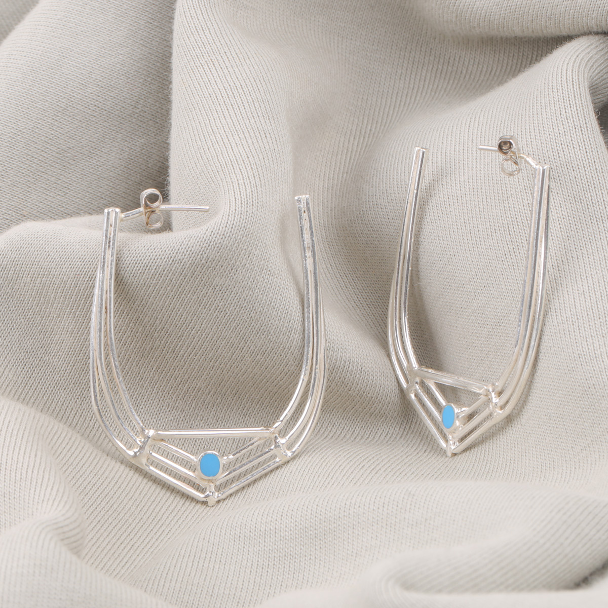 Turquoise C-Hoop Earrings | Silver Cuff Earrings 
