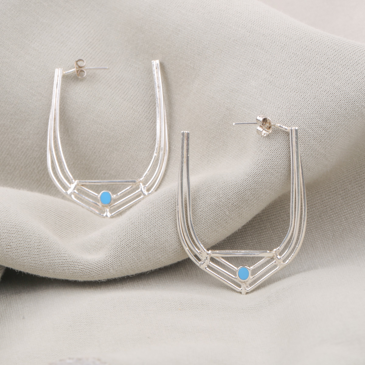 Turquoise C-Hoop Earrings | Silver Cuff Earrings 