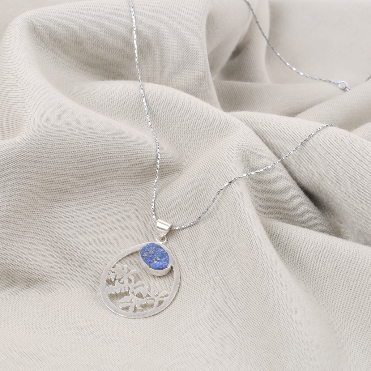 Lapis Lazuli Round Locket | Silver Floral Engraved Drop Pendant