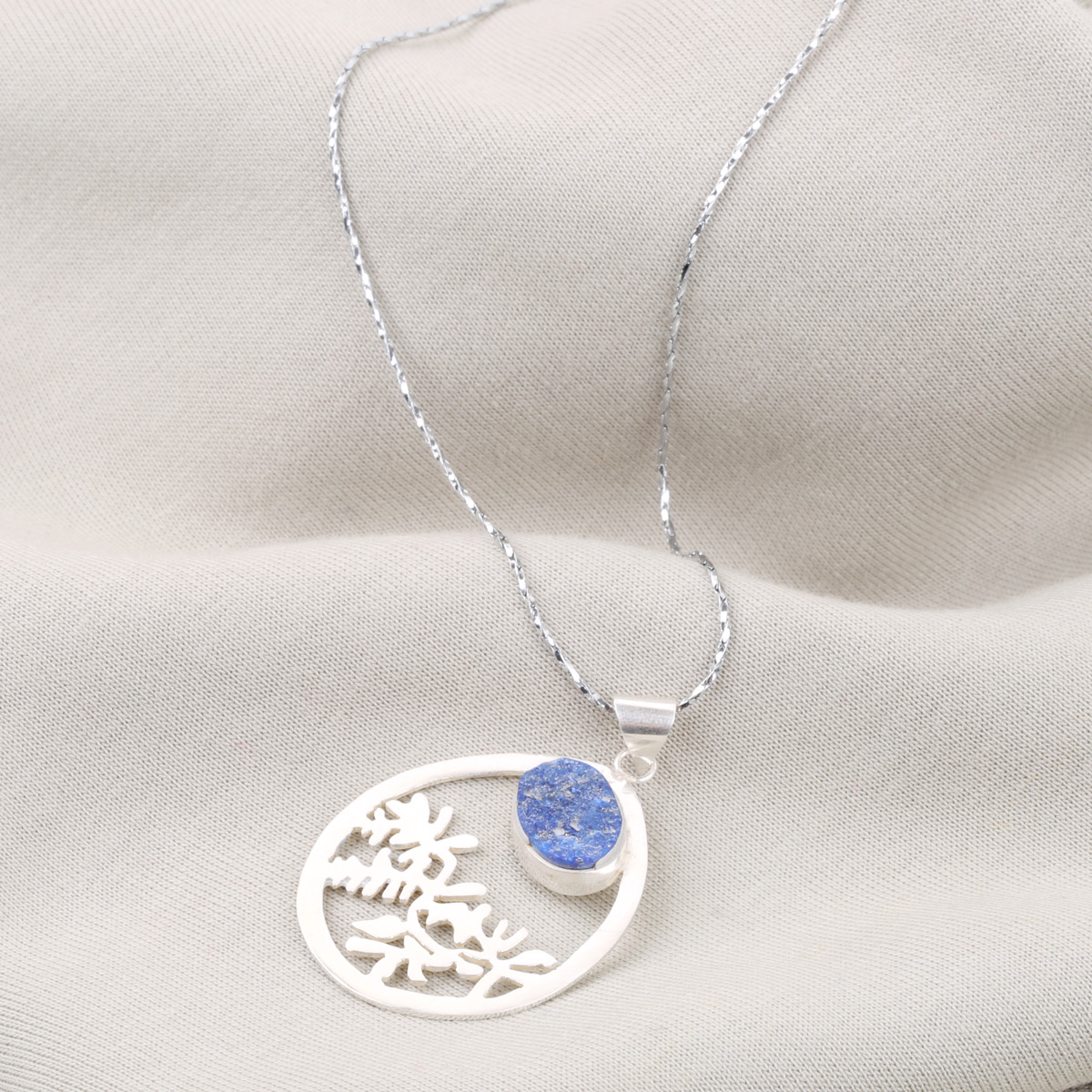 Lapis Lazuli Round Locket | Silver Floral Engraved Drop Pendant