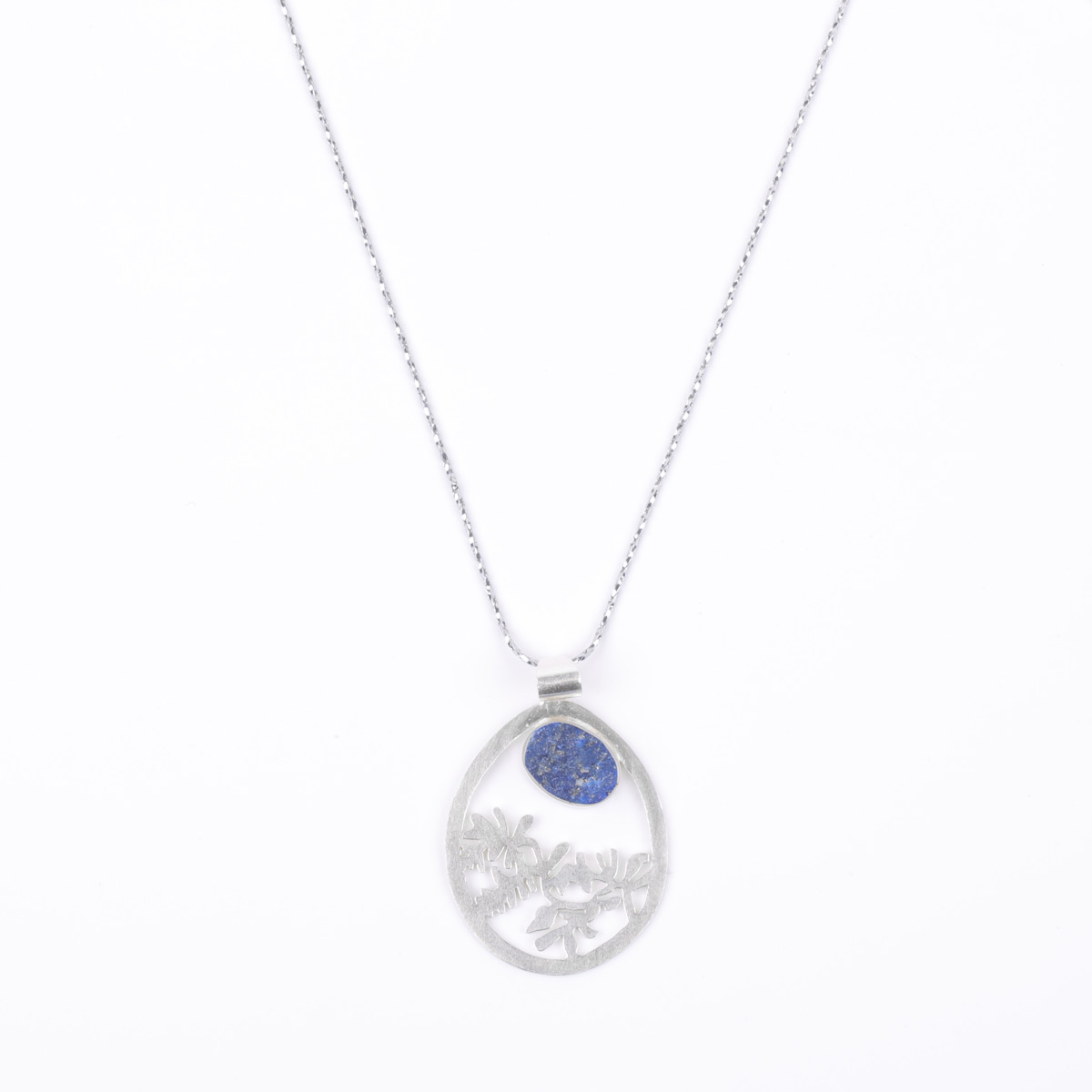 Lapis Lazuli Round Locket | Silver Floral Engraved Drop Pendant