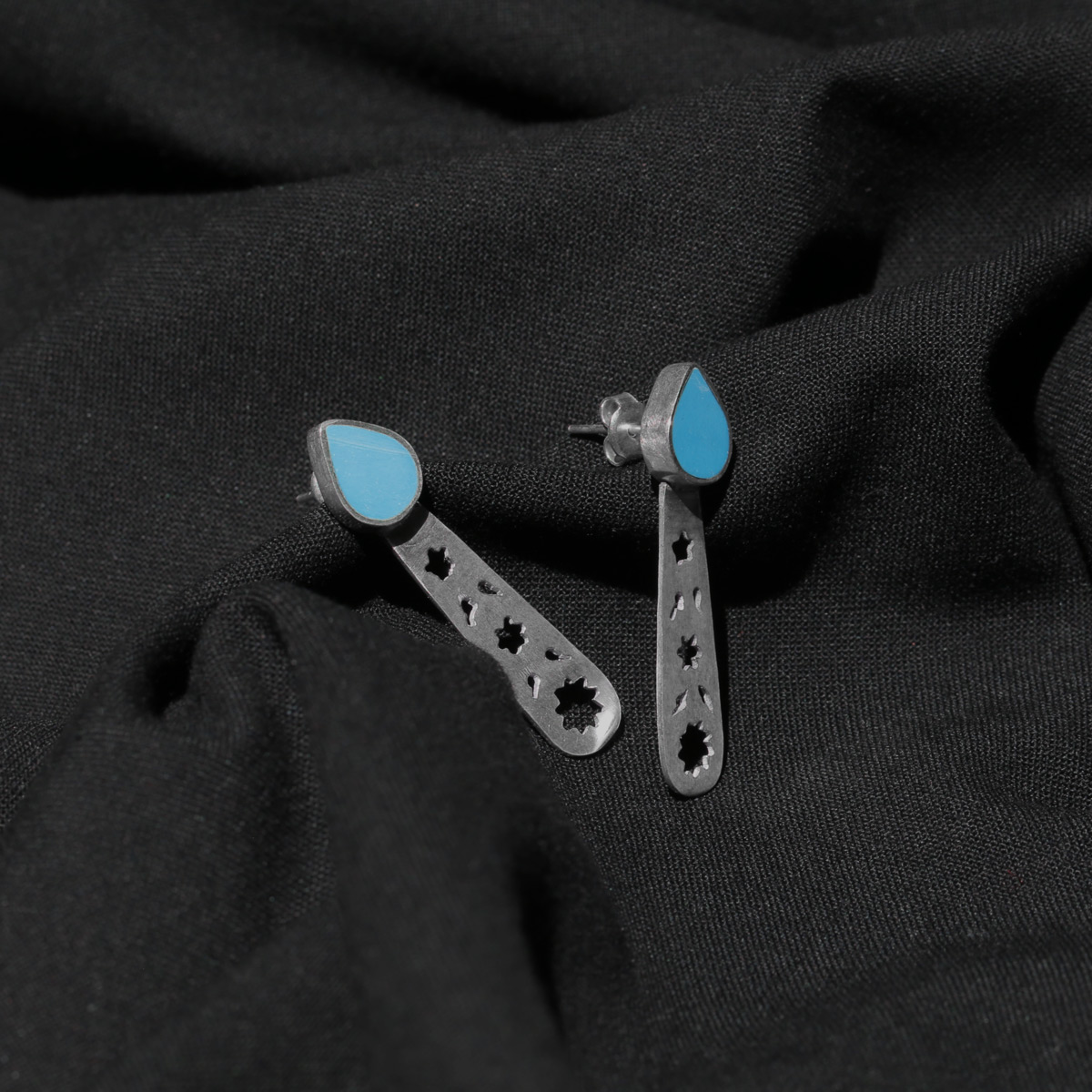 Turquoise Silver Studs| Star Engraved Long Studs