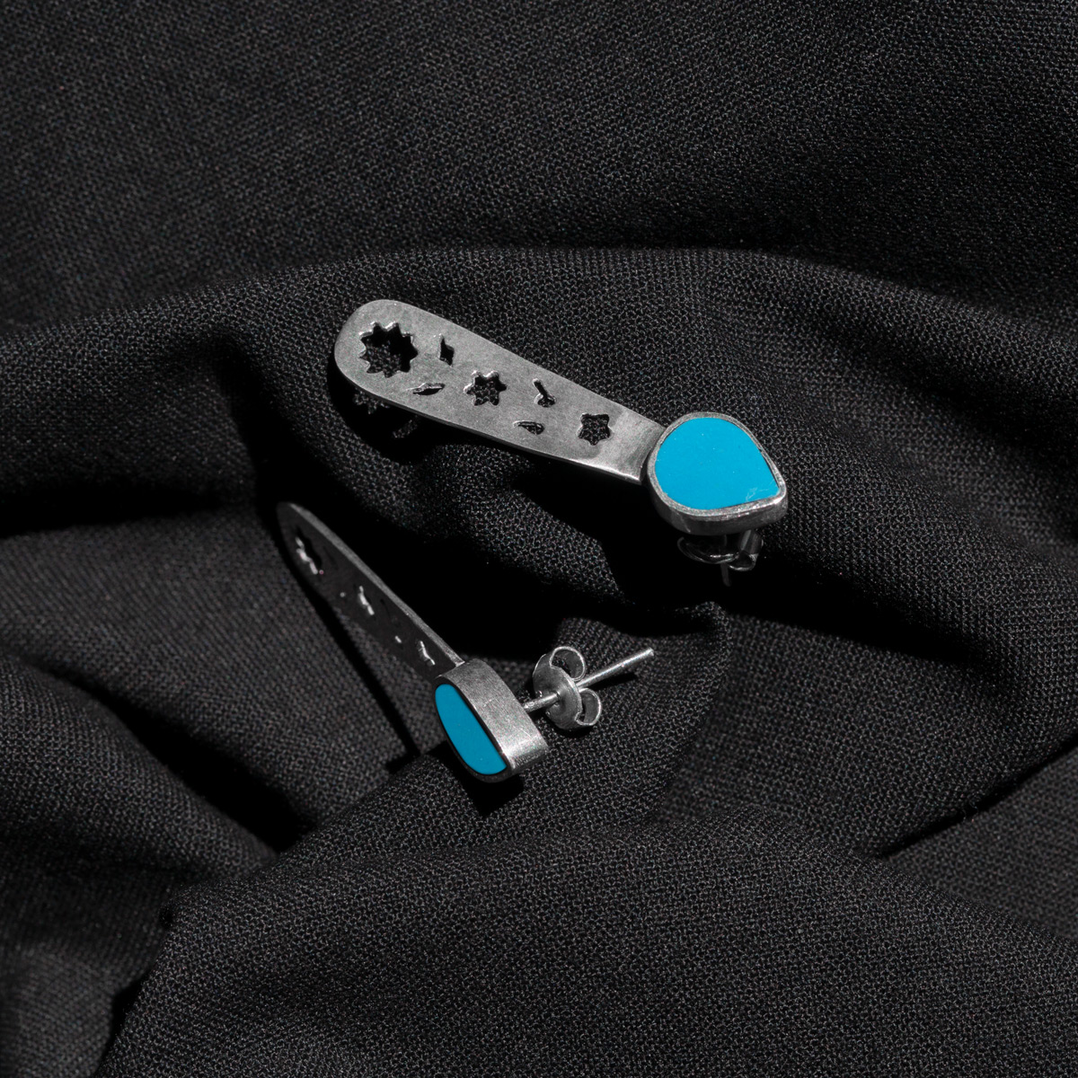 Turquoise Silver Studs| Star Engraved Long Studs