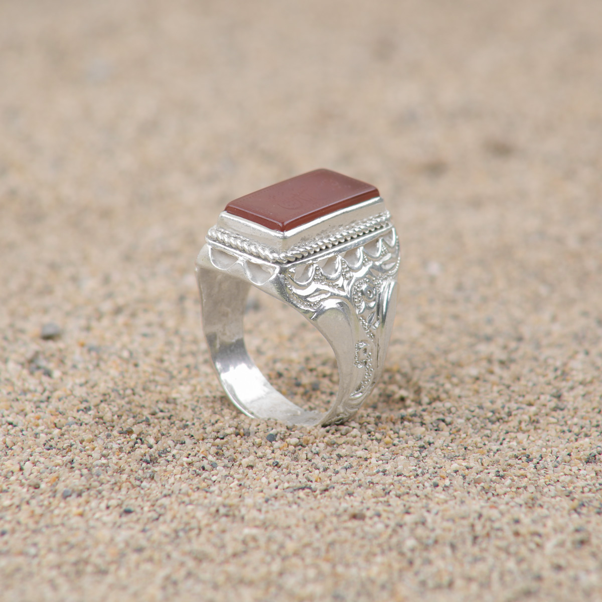 Red Agate Rectangular Men's Ring | Silver Calligraphy Engraved Ring