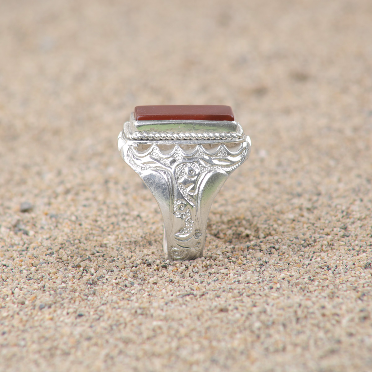 Red Agate Rectangular Men's Ring | Silver Calligraphy Engraved Ring