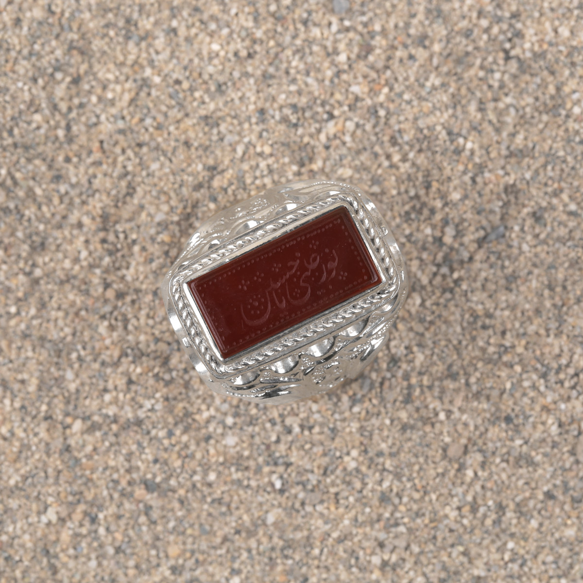 Red Agate Rectangular Men's Ring | Silver Calligraphy Engraved Ring
