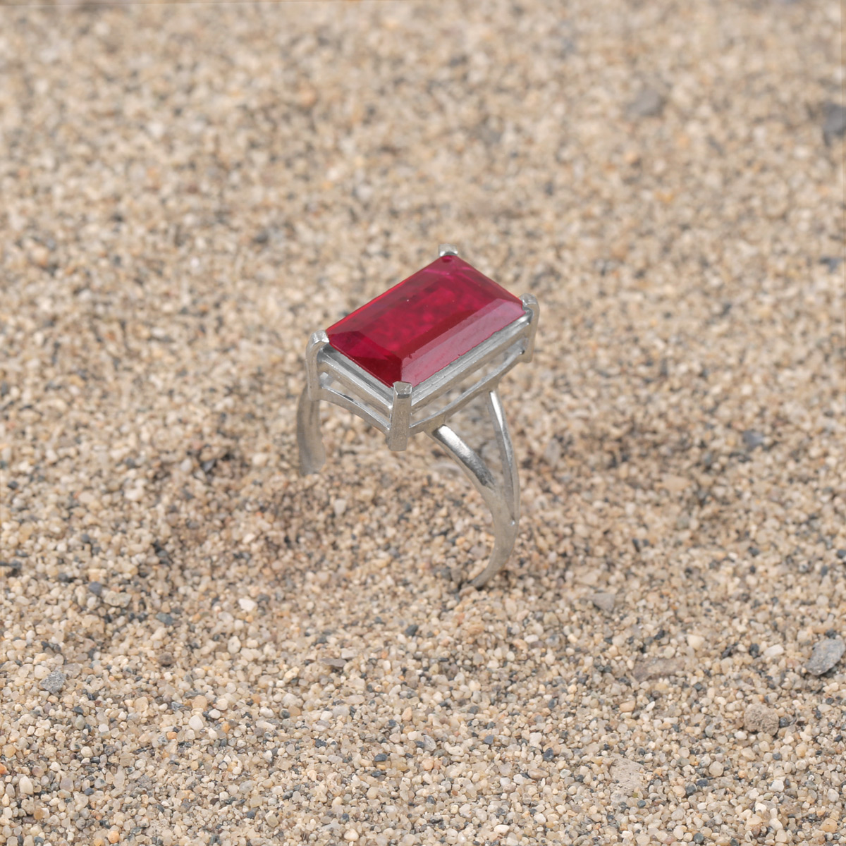 Pink Ruby Rectangular Ring| Silver Halo Style Women's Ring