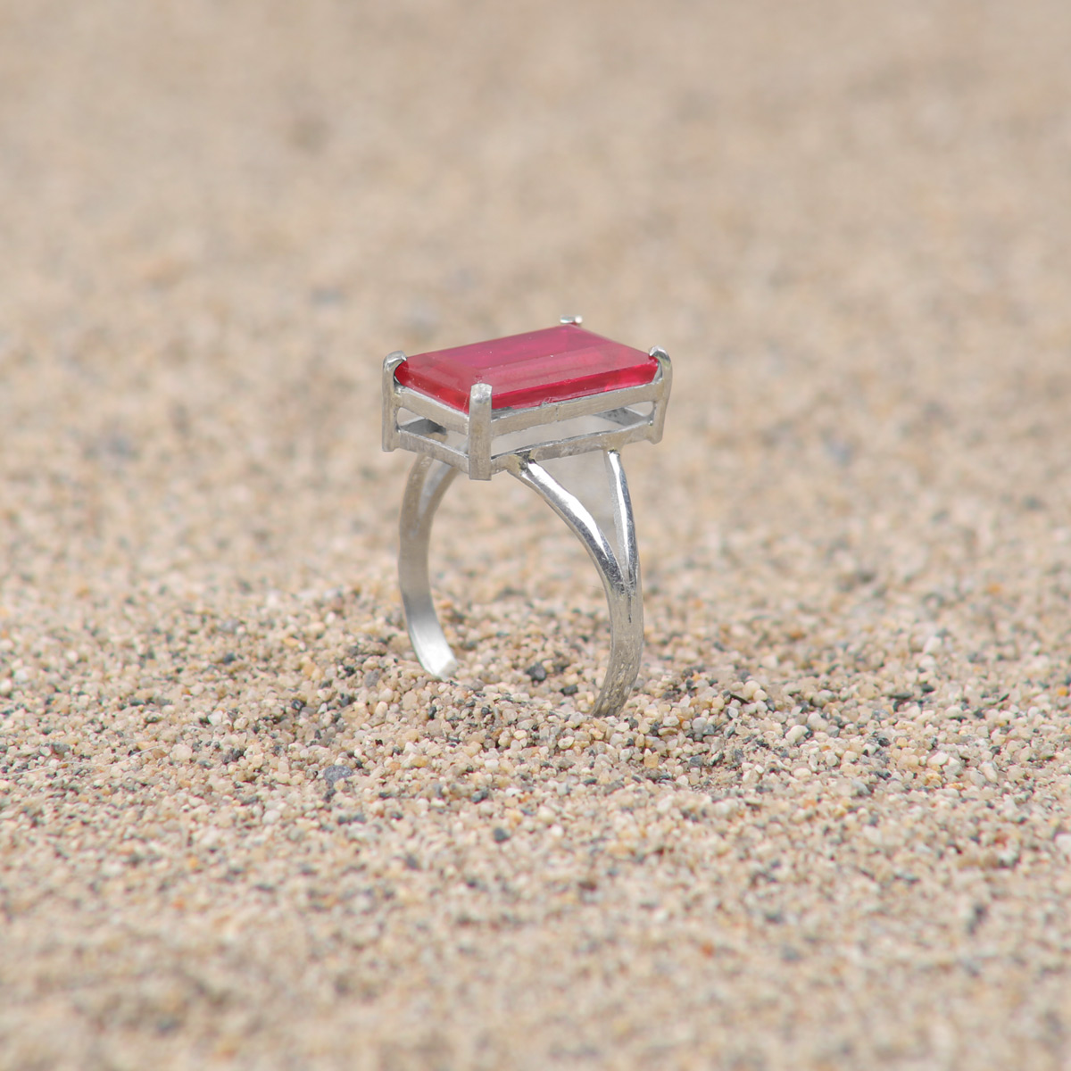Pink Ruby Rectangular Ring| Silver Halo Style Women's Ring