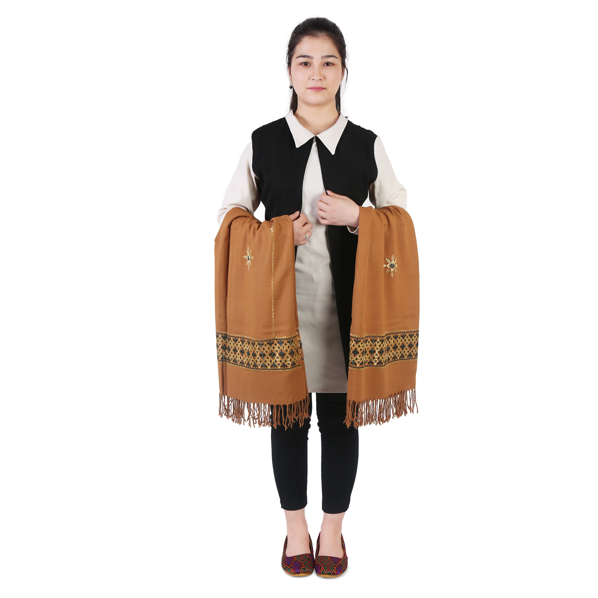 Brown Soft Cotton Kamak Embroidered Shawl