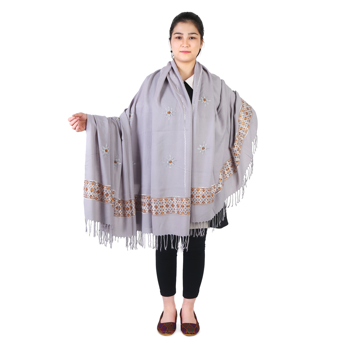 Gray Cotton Shawl With Brown Embroidery