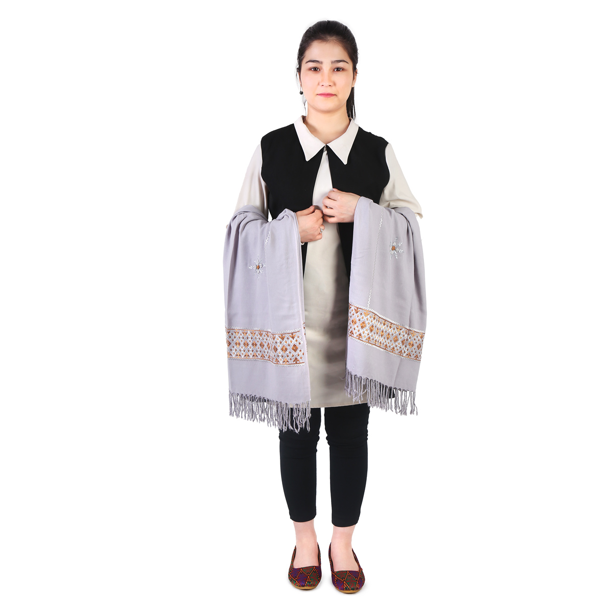 Gray Cotton Shawl With Brown Embroidery