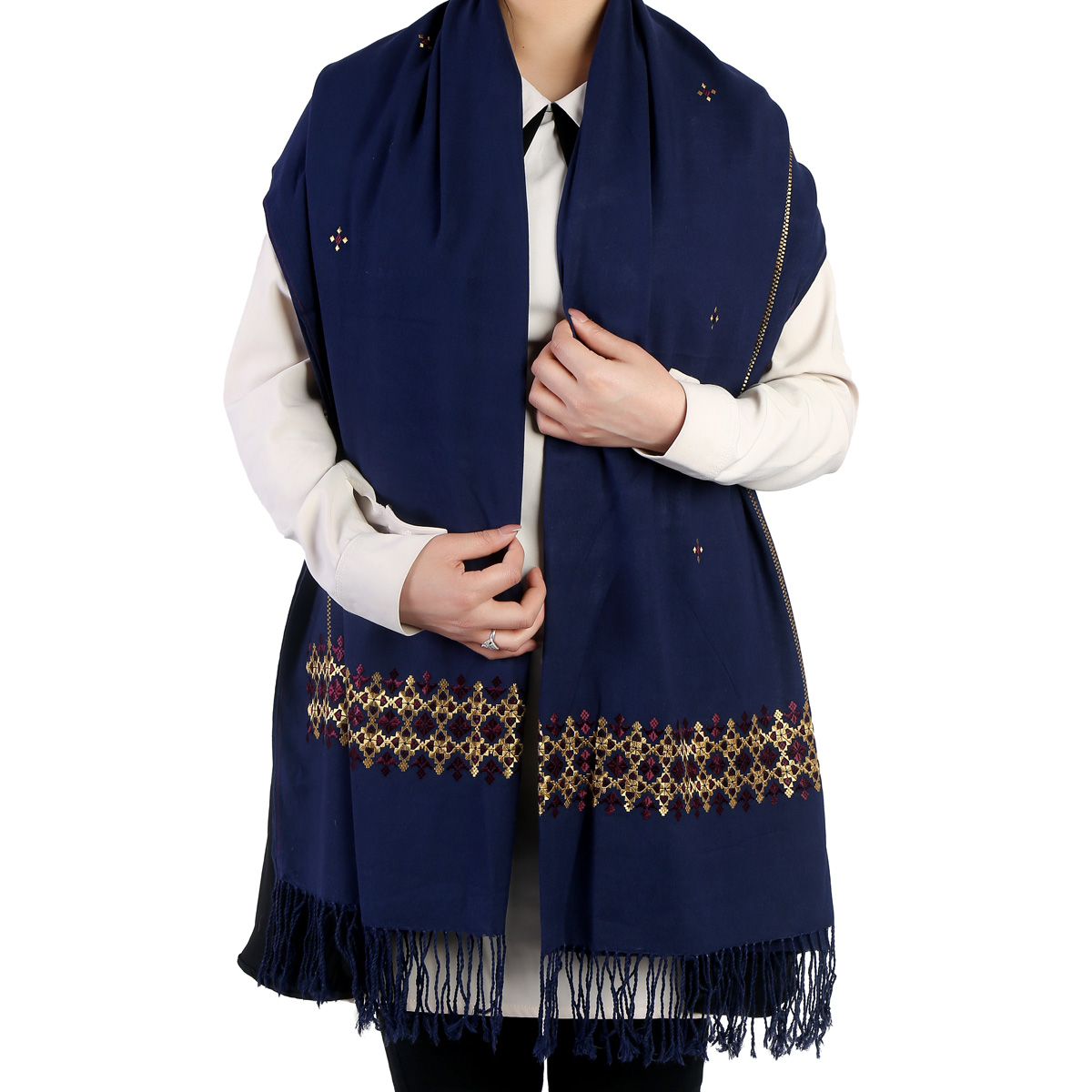 Navy Blue Hazaragi Embroidered Cotton Scarf