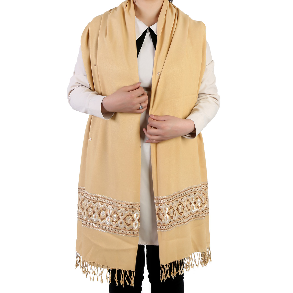 Brownish Yellow Cotton Embroidered Scarf