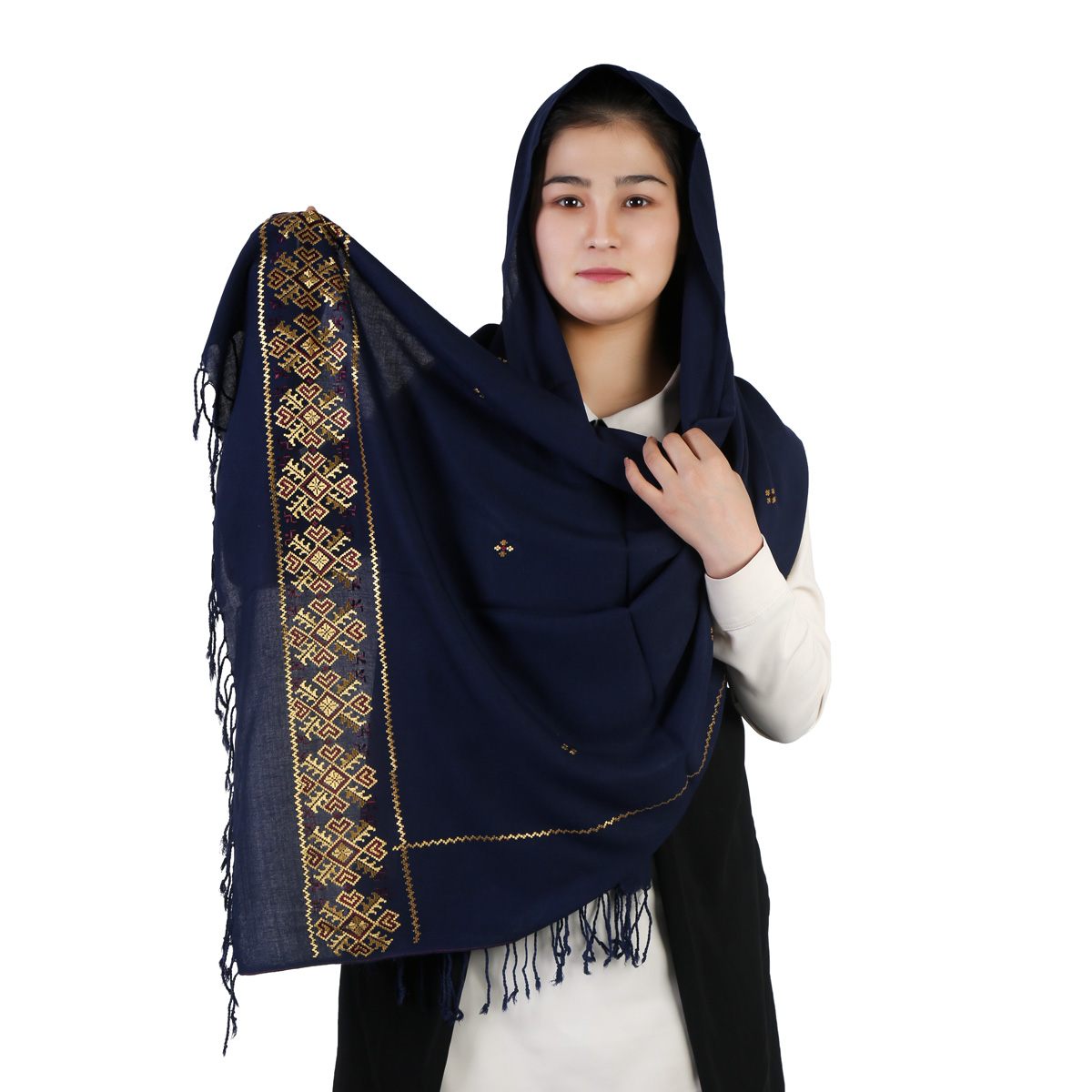 Golden Embroidered Navy Blue Cotton Scarf