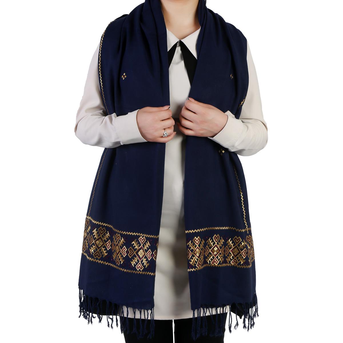 Golden Embroidered Navy Blue Cotton Scarf
