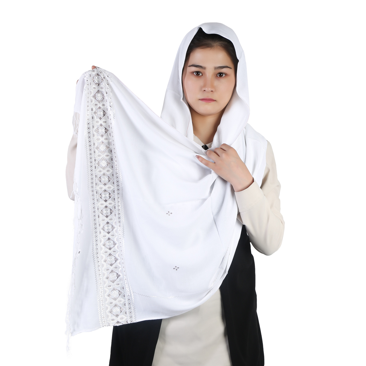 White Cotton Scarf With Gray Embroidery
