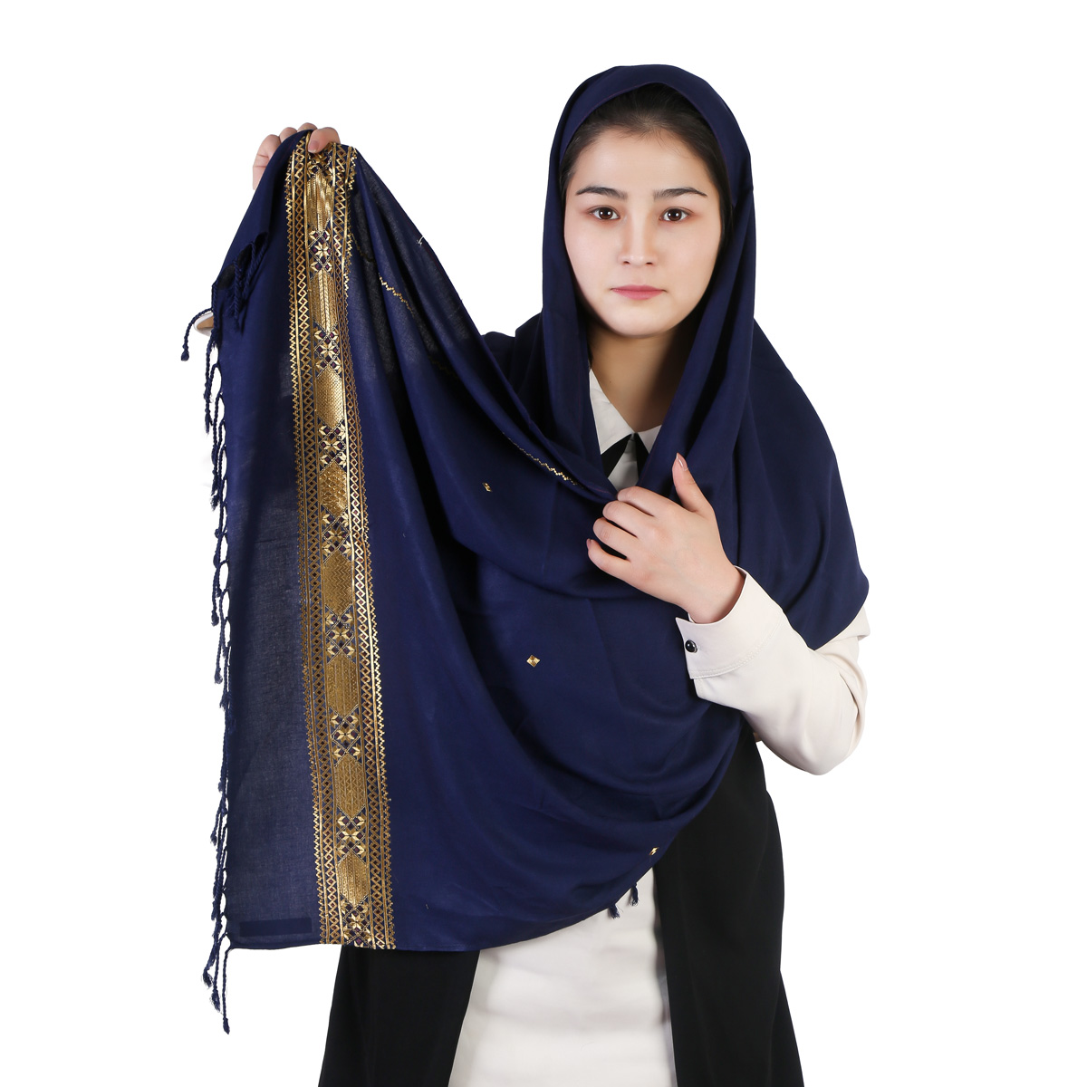 Cotton Scarf With Golden Embroidered Borders