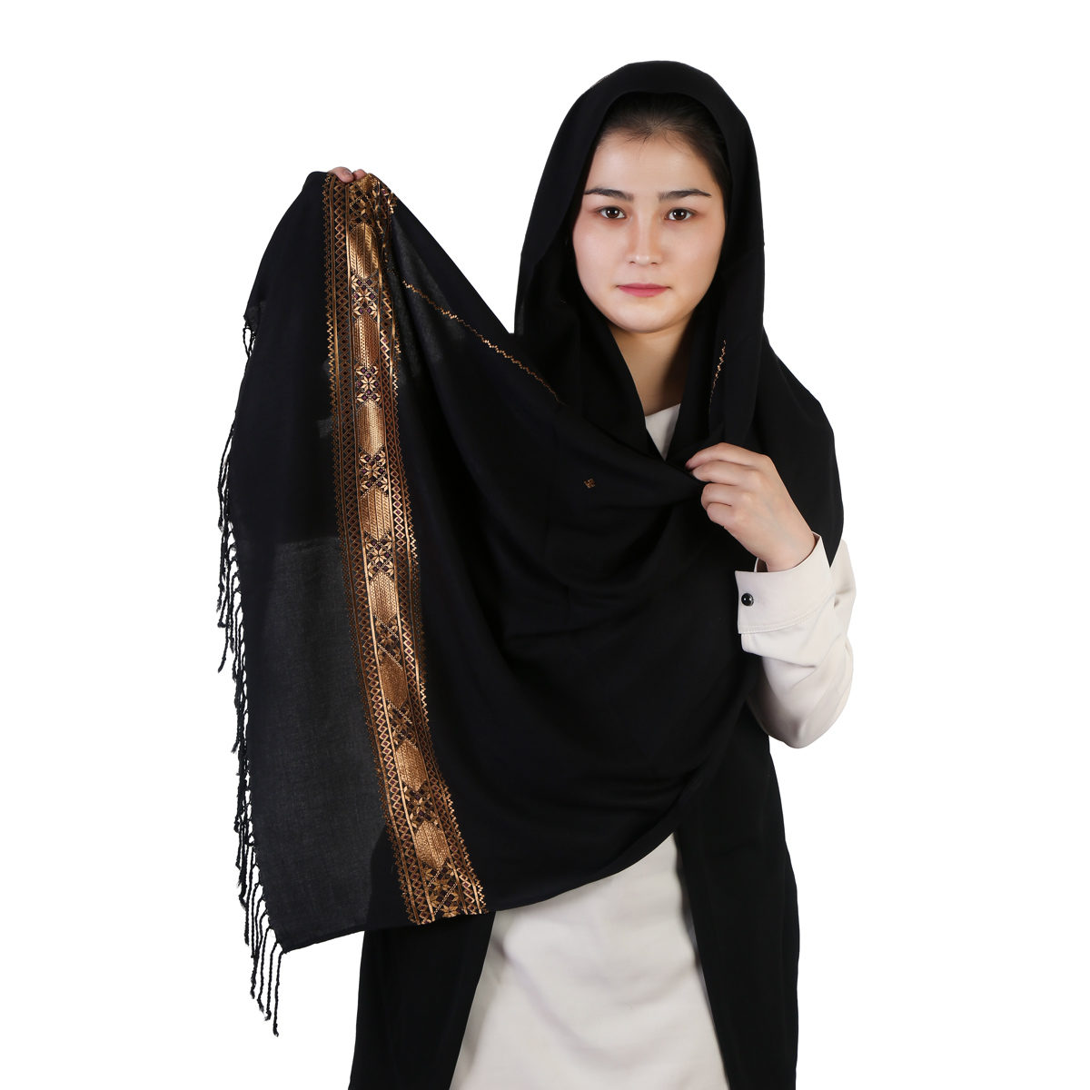 Golden Embroidered Black Cotton Women Shawl