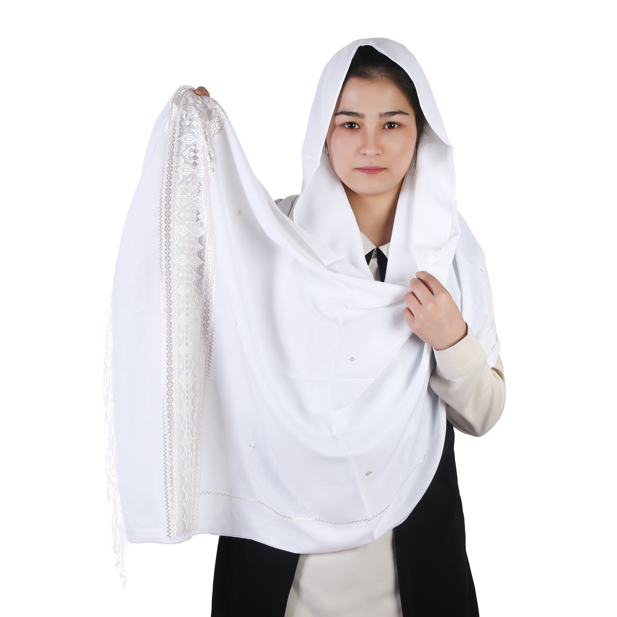 White Cotton Scarf With Hazaragi Embroidery
