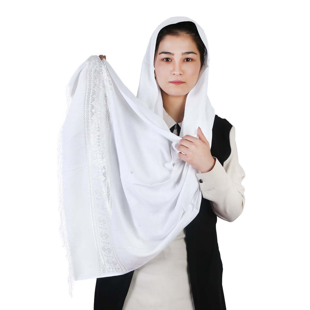 White Cotton Scarf With Hazaragi Embroidery