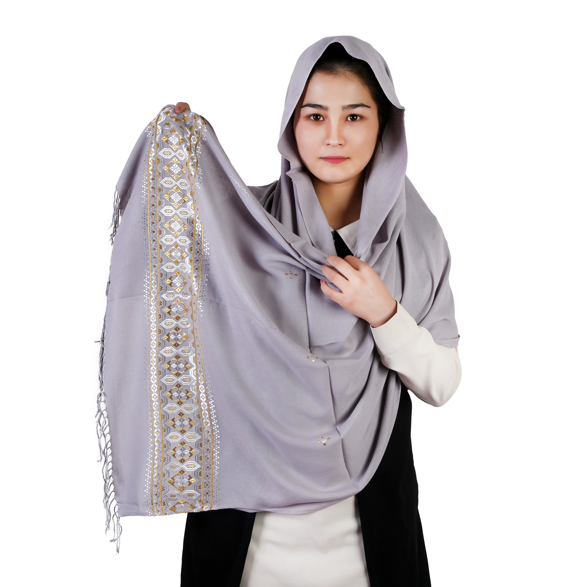 Gray Cotton Scarf With White Embroidery