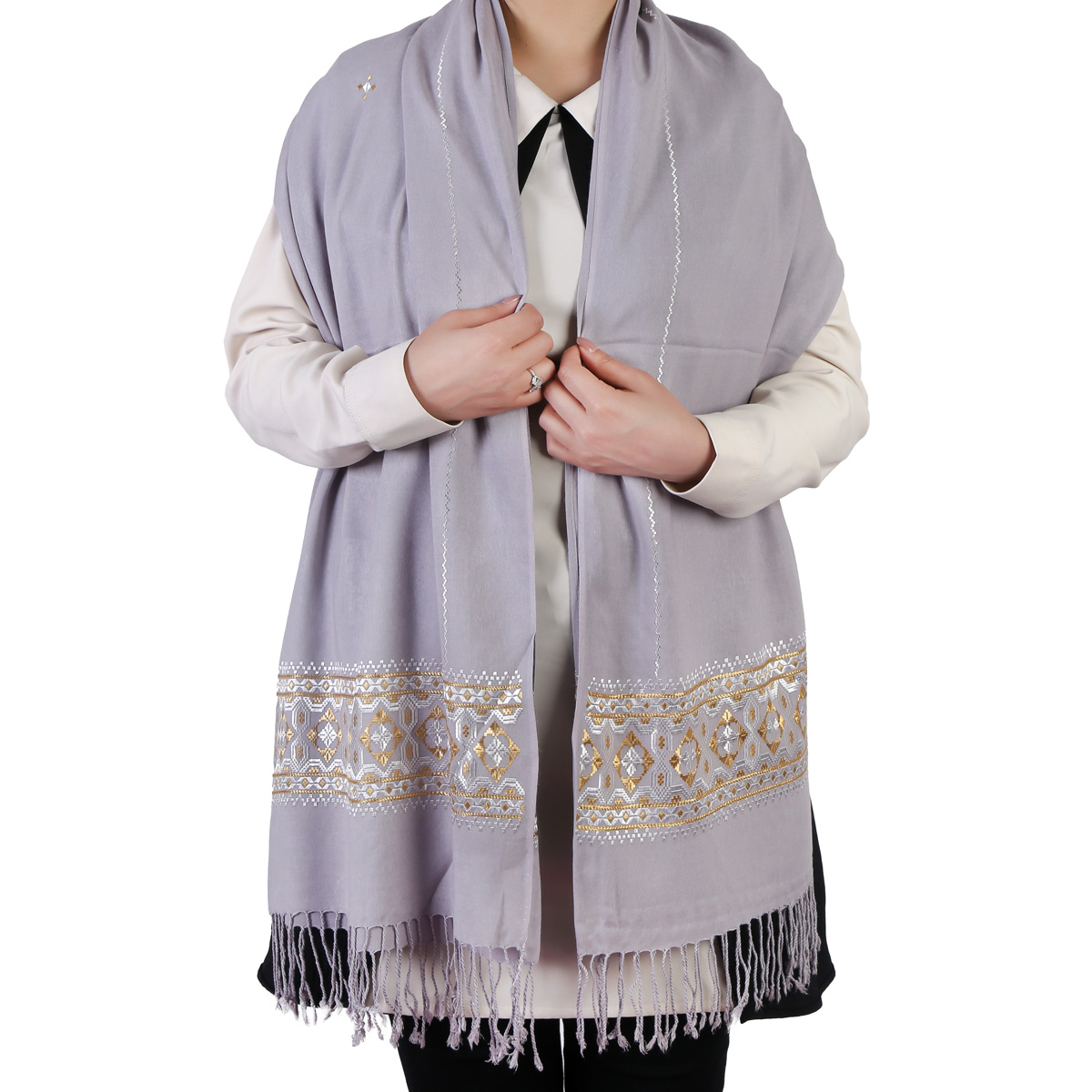 Gray Cotton Scarf With White Embroidery