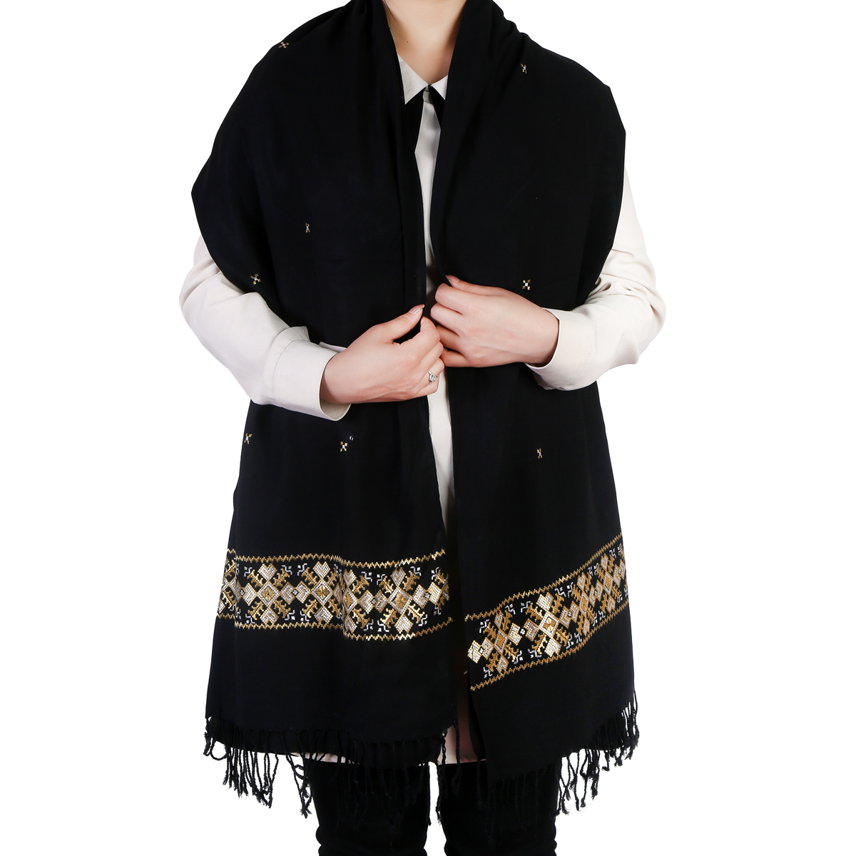 Black Cotton Scarf With Hazaragi  Embroidery