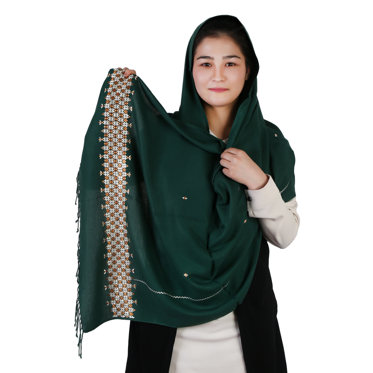 Shawl Embroidered Green Cotton Scarf