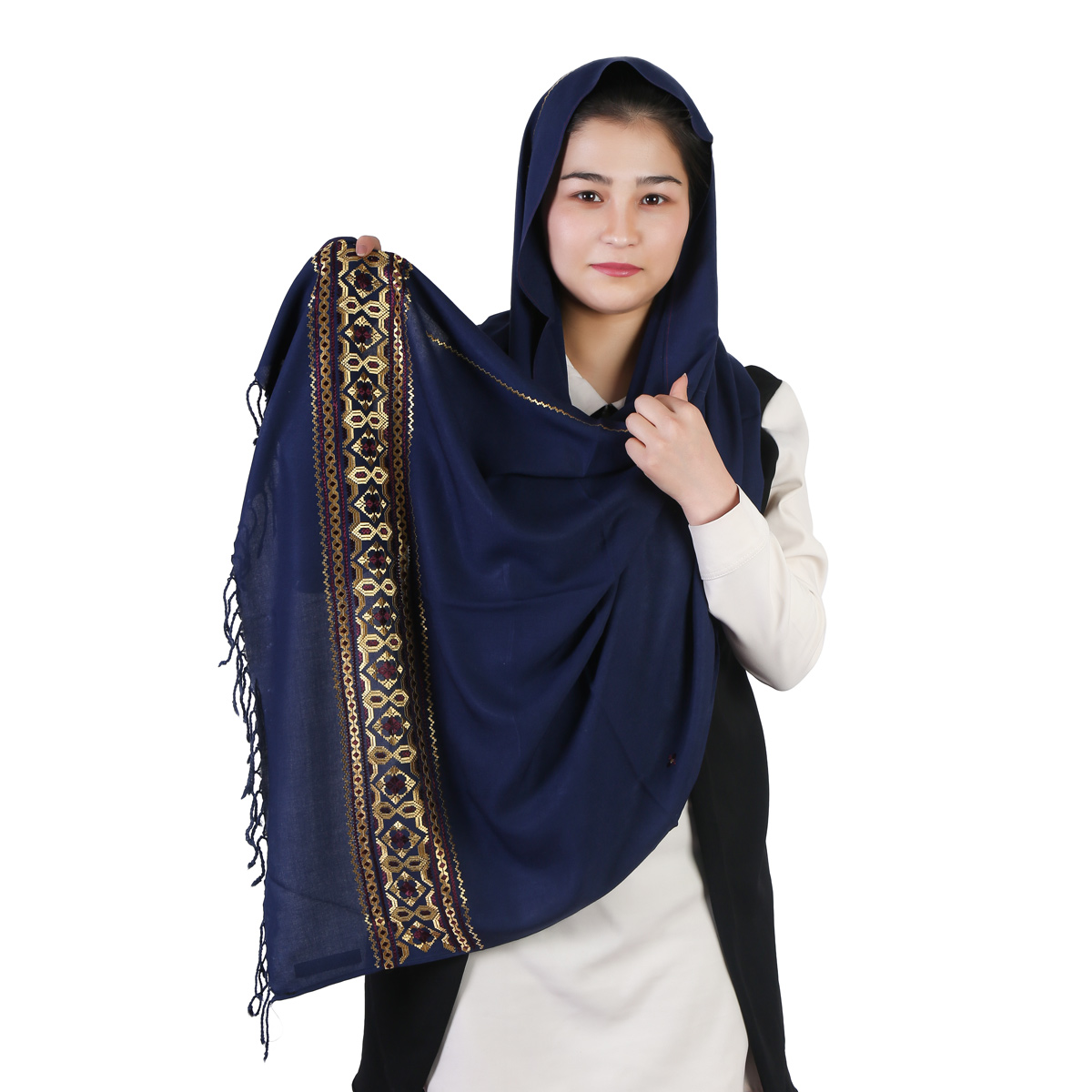 Golden Embroidered Blue Cotton Scarf