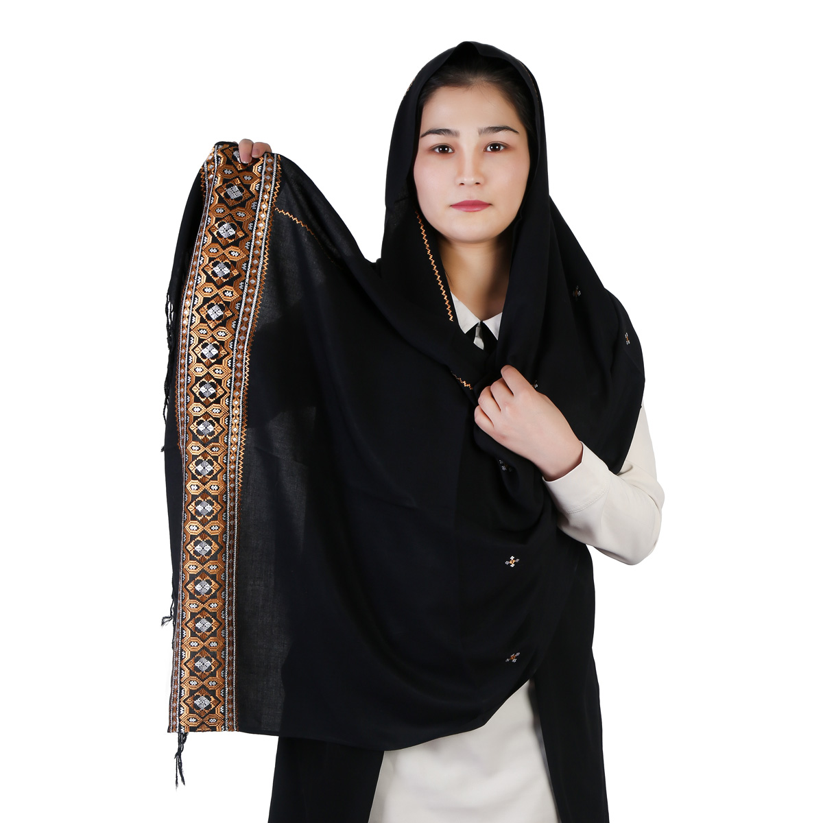 Black Fancy Scarf With Golden and White Embroidery