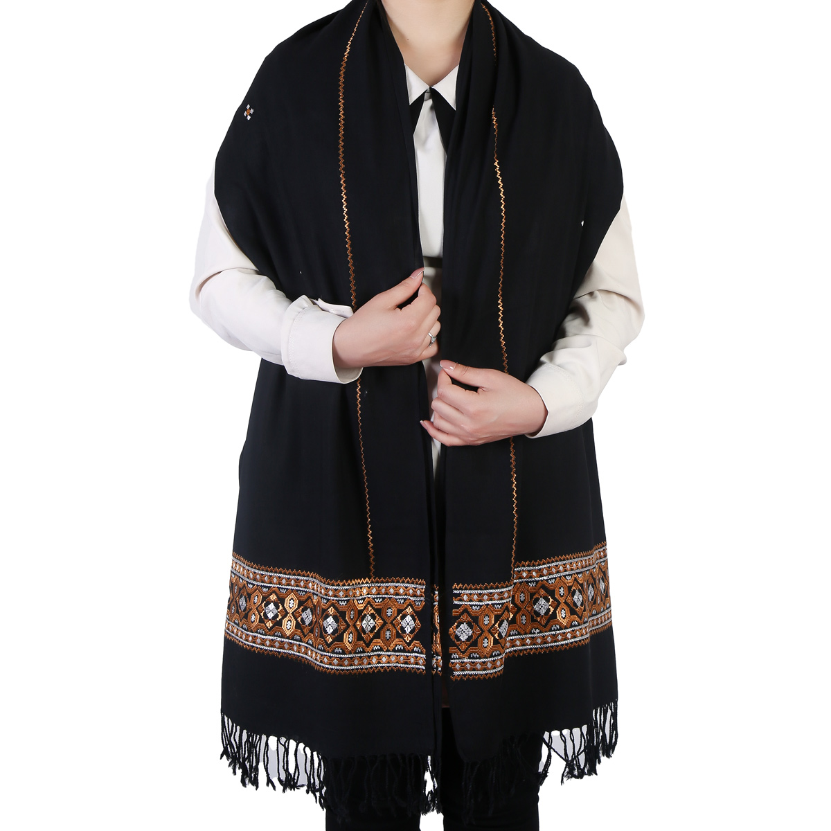 Black Fancy Scarf With Golden and White Embroidery