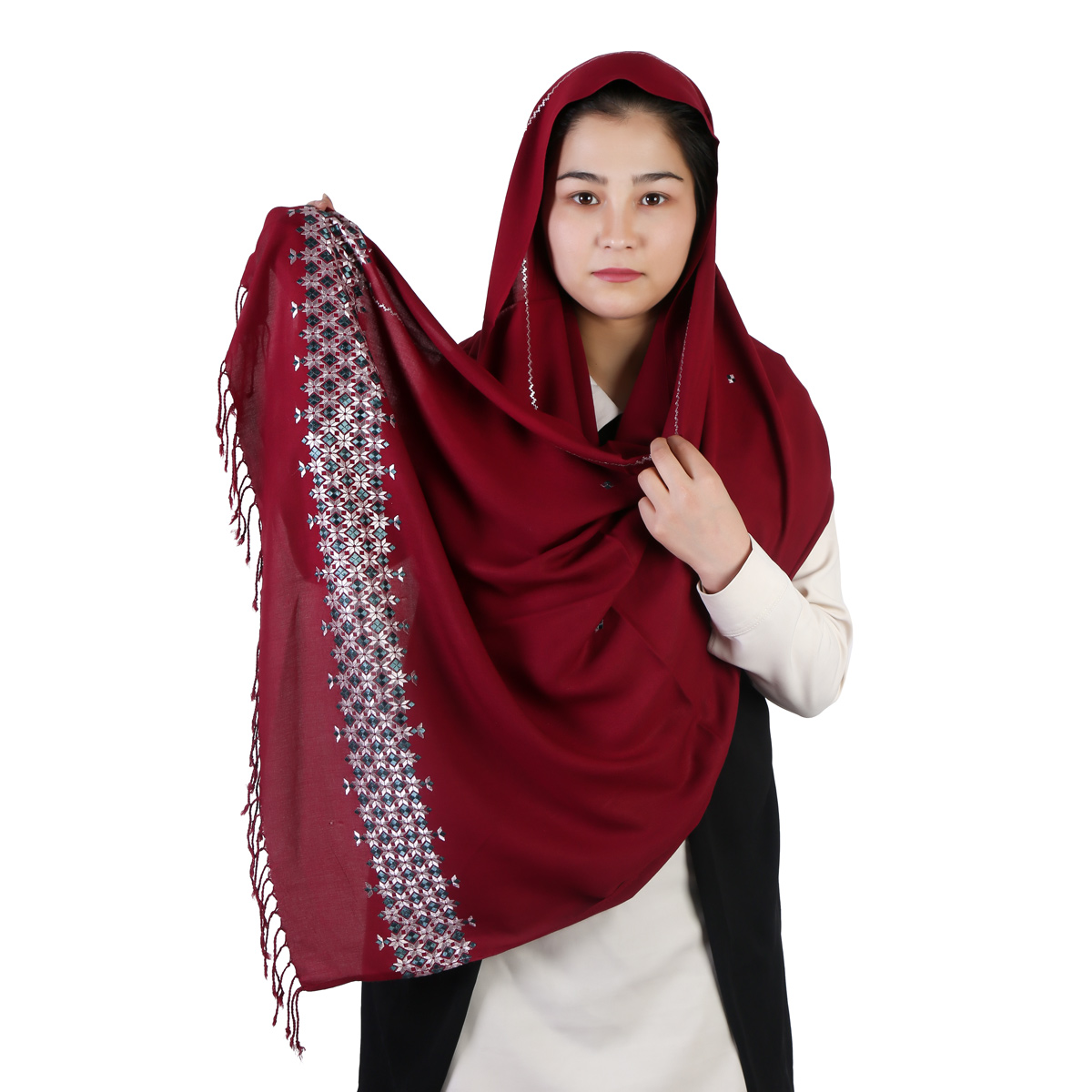 Red Cotton Shawl With White Embroidery