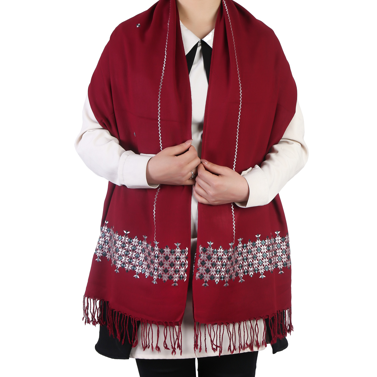 Red Cotton Shawl With White Embroidery