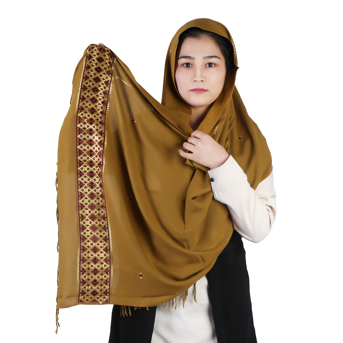 Ginger Orange Shawl With Red and Golden Embroidery