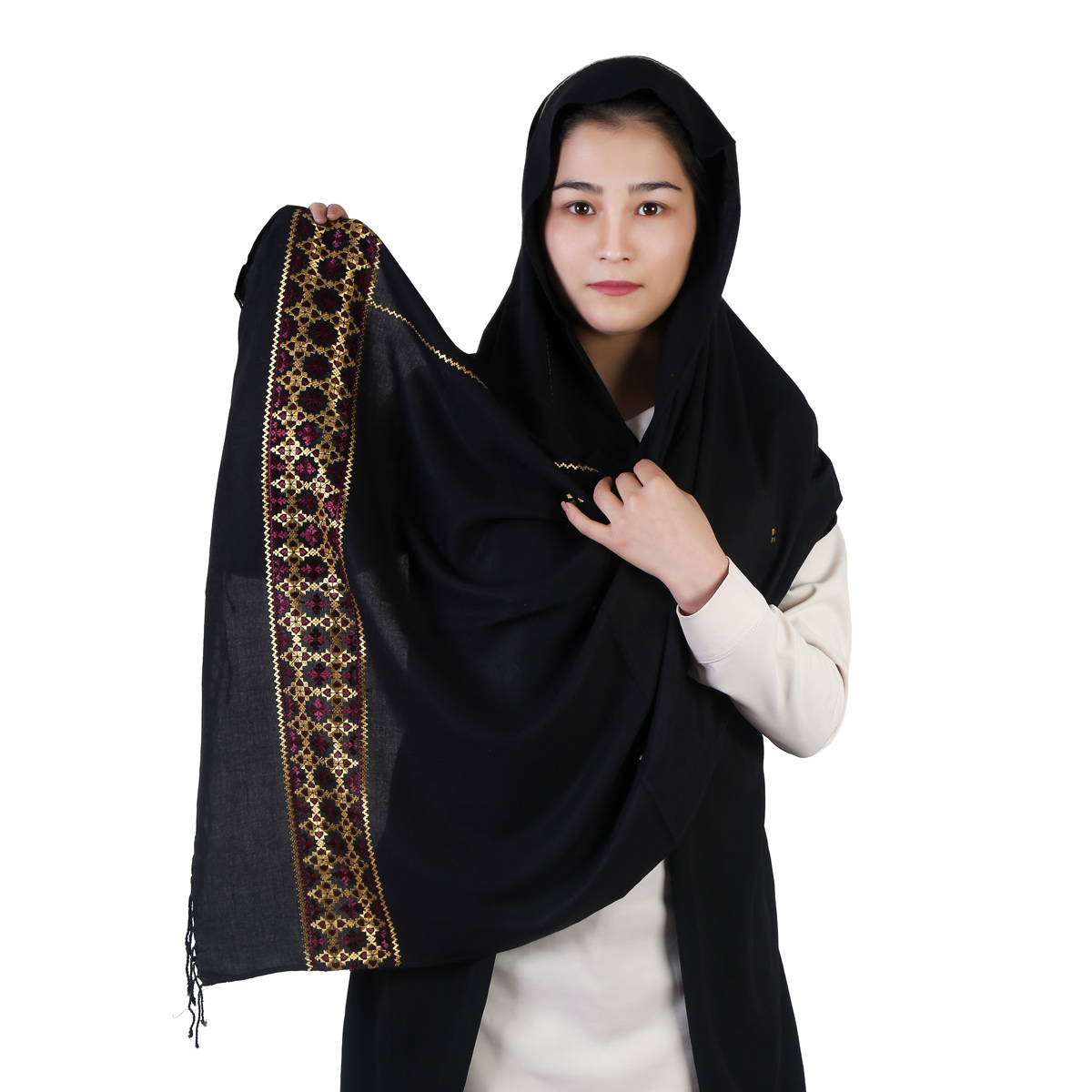 Black Women Scarf With Golden Embroidered Borders