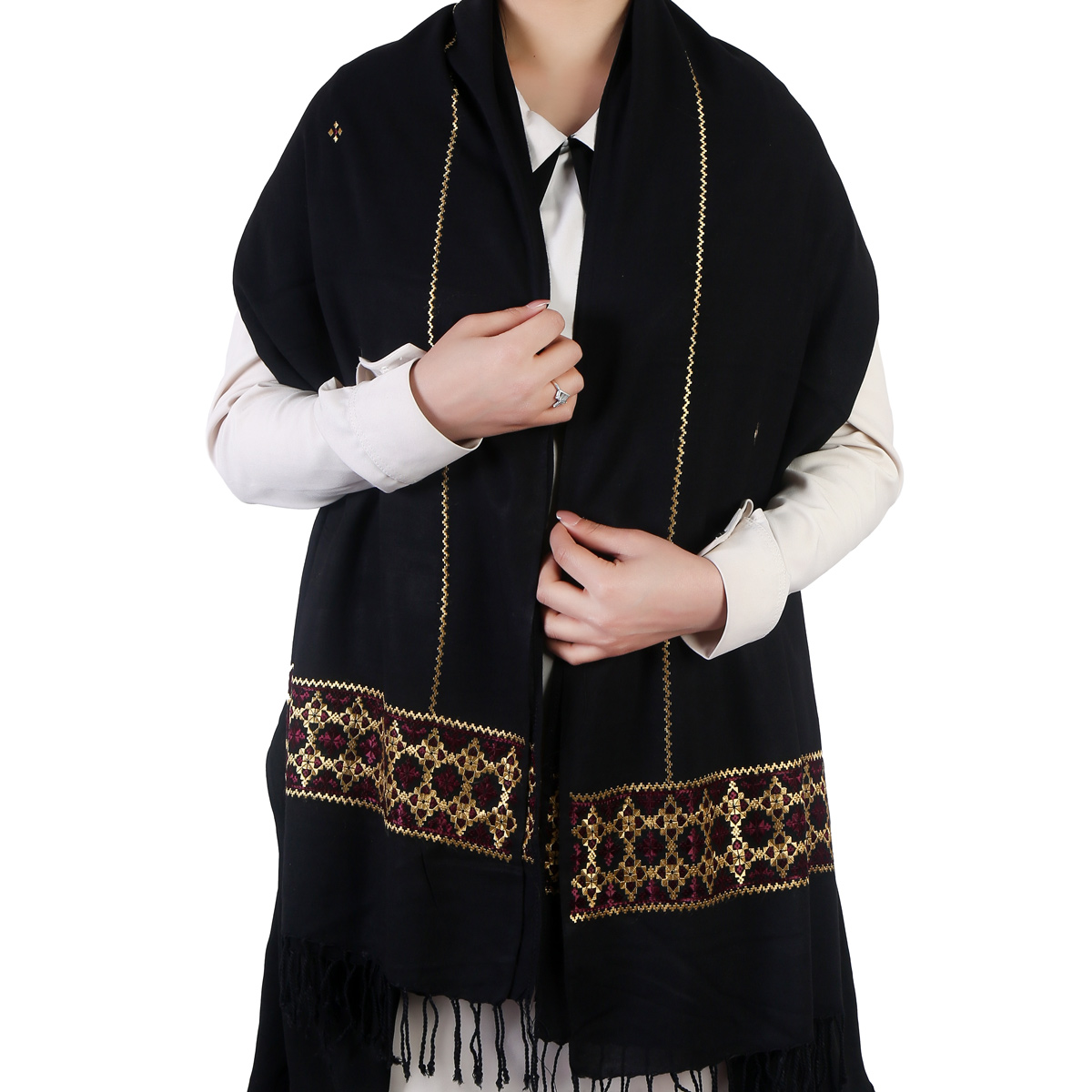 Black Women Scarf With Golden Embroidered Borders