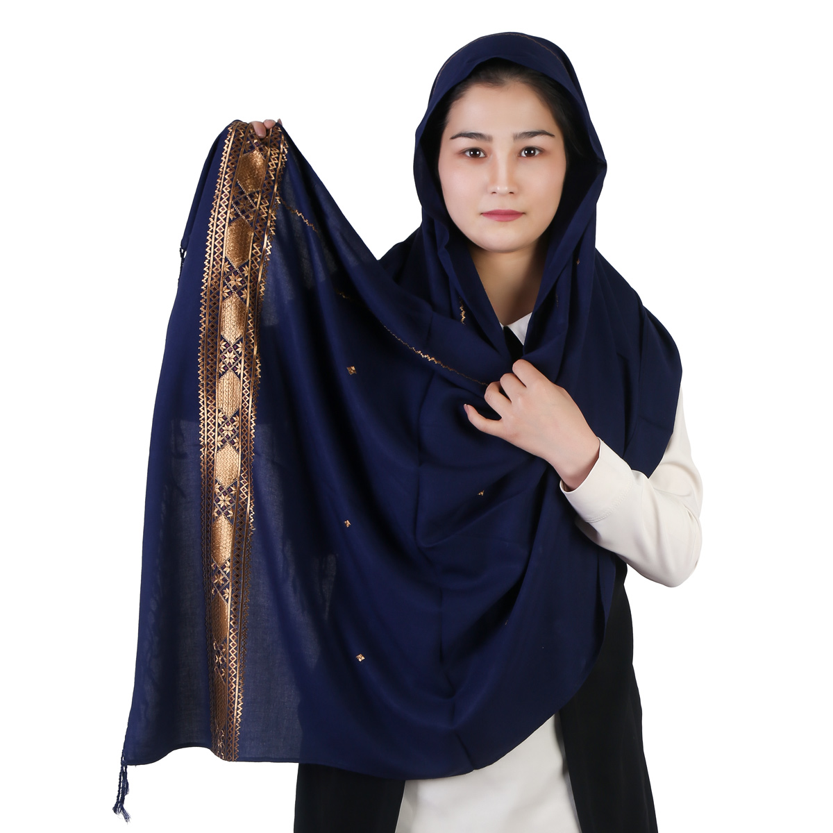 Dark Navy large Scarf With Golden Embroidered Borders, Wraps for women, Handmade