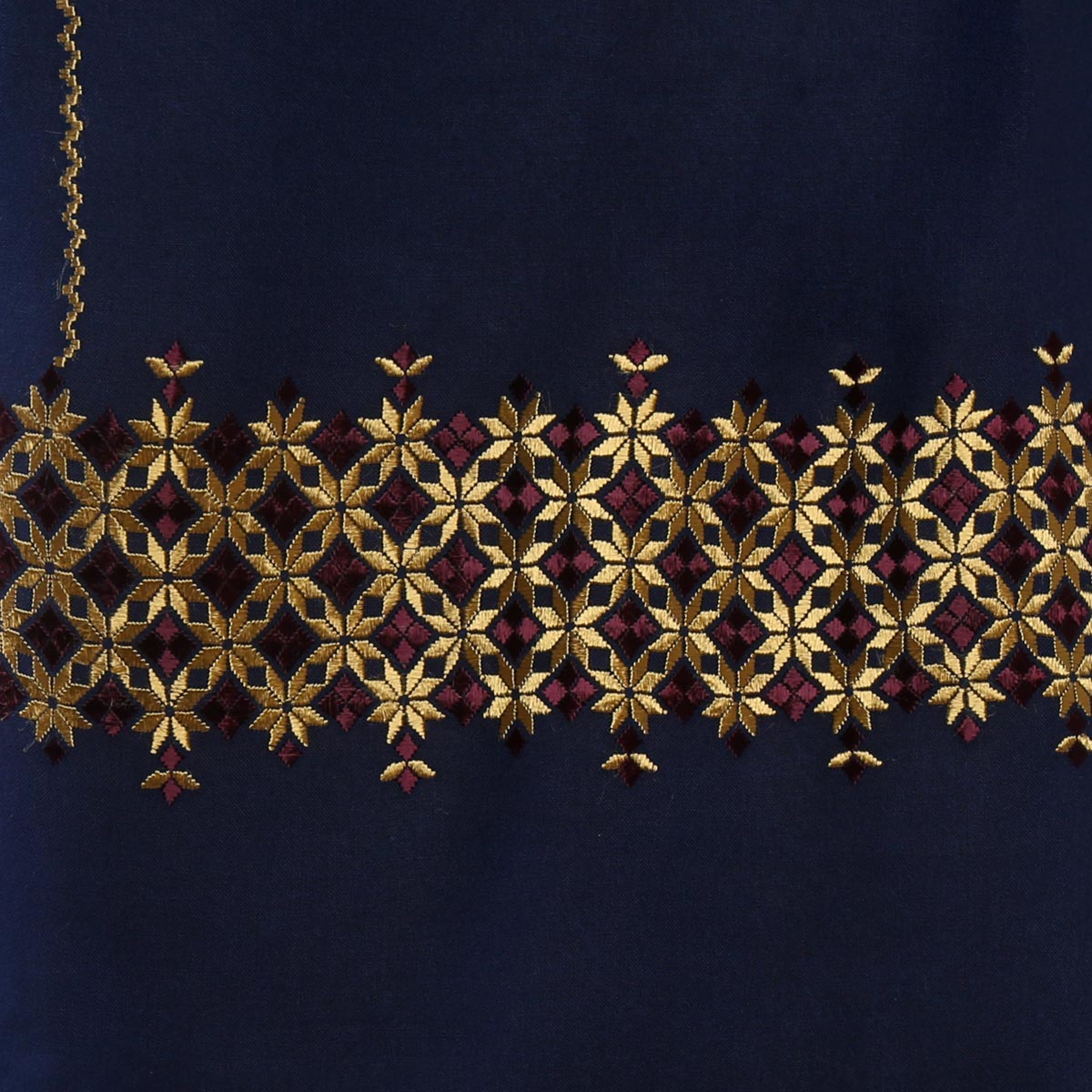 Navy Blue Cotton Scarf With Embroidered Borders