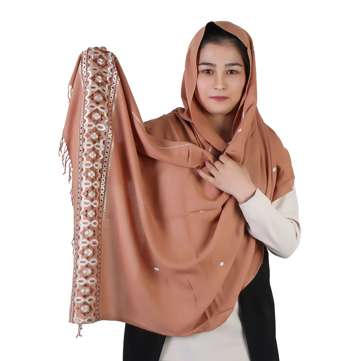 Soft Cotton Scarf With Embroidered Borders