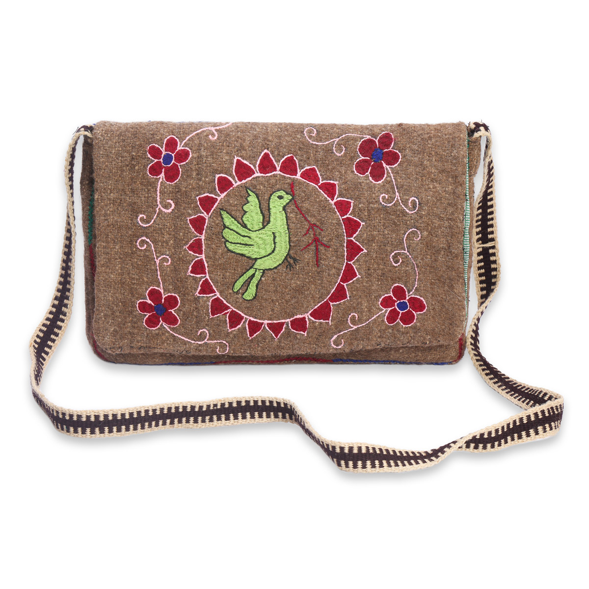 Brown Woolen Bag | Bird Embroidered Shoulder Bag