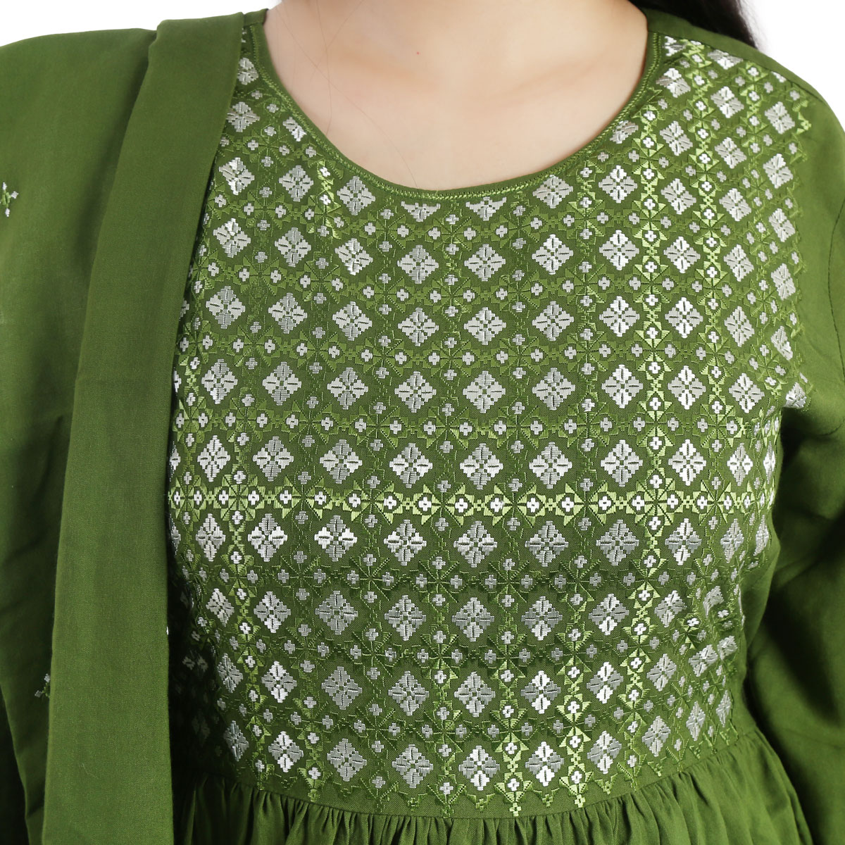 Green Hazaragi Dress With Scarf | Simple Embroidered Pleated Cotton Dress