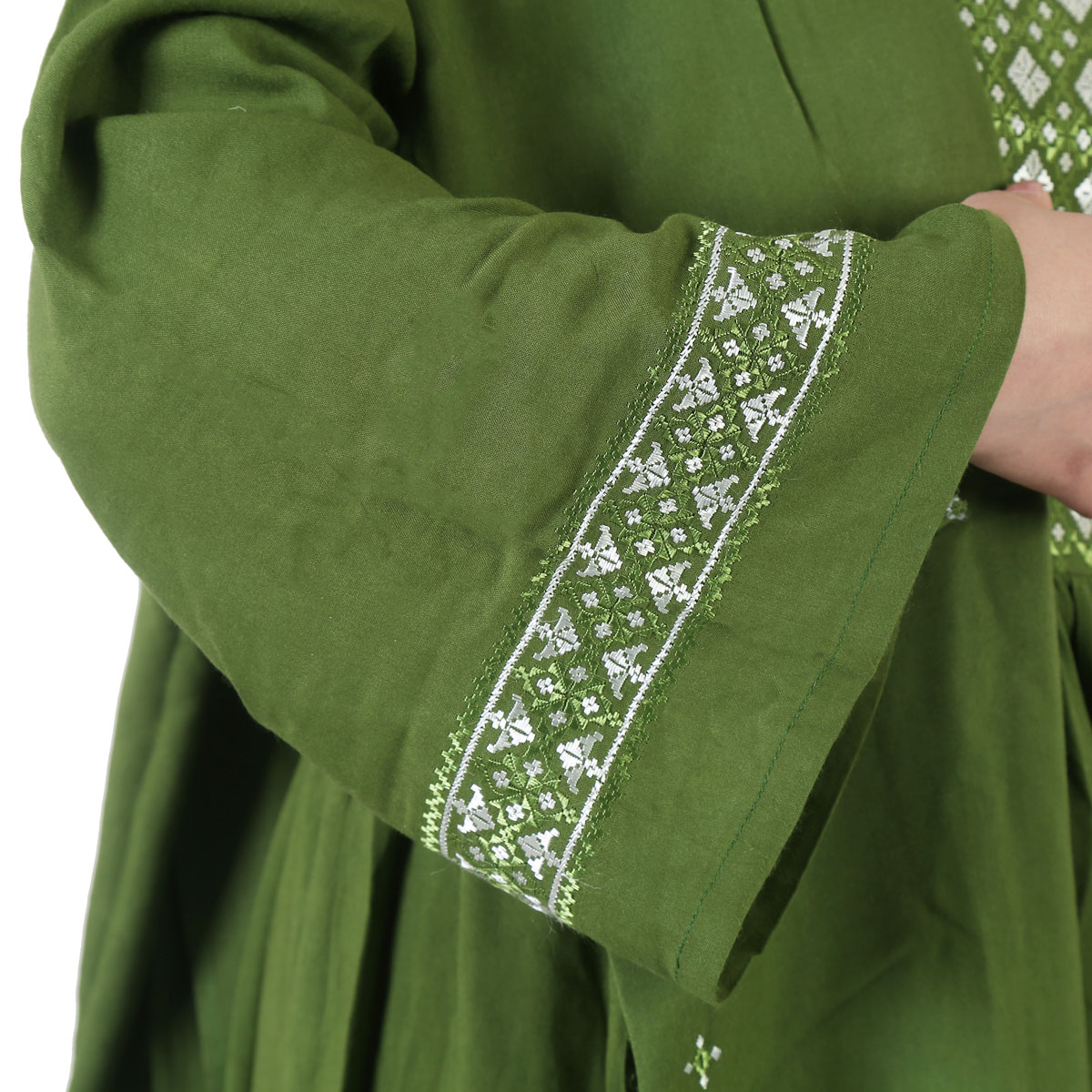 Green Hazaragi Dress With Scarf | Simple Embroidered Pleated Cotton Dress